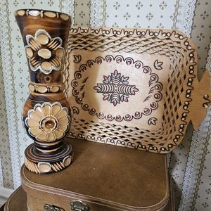 Vintage handmade in Africa carved vase and decorative platter.